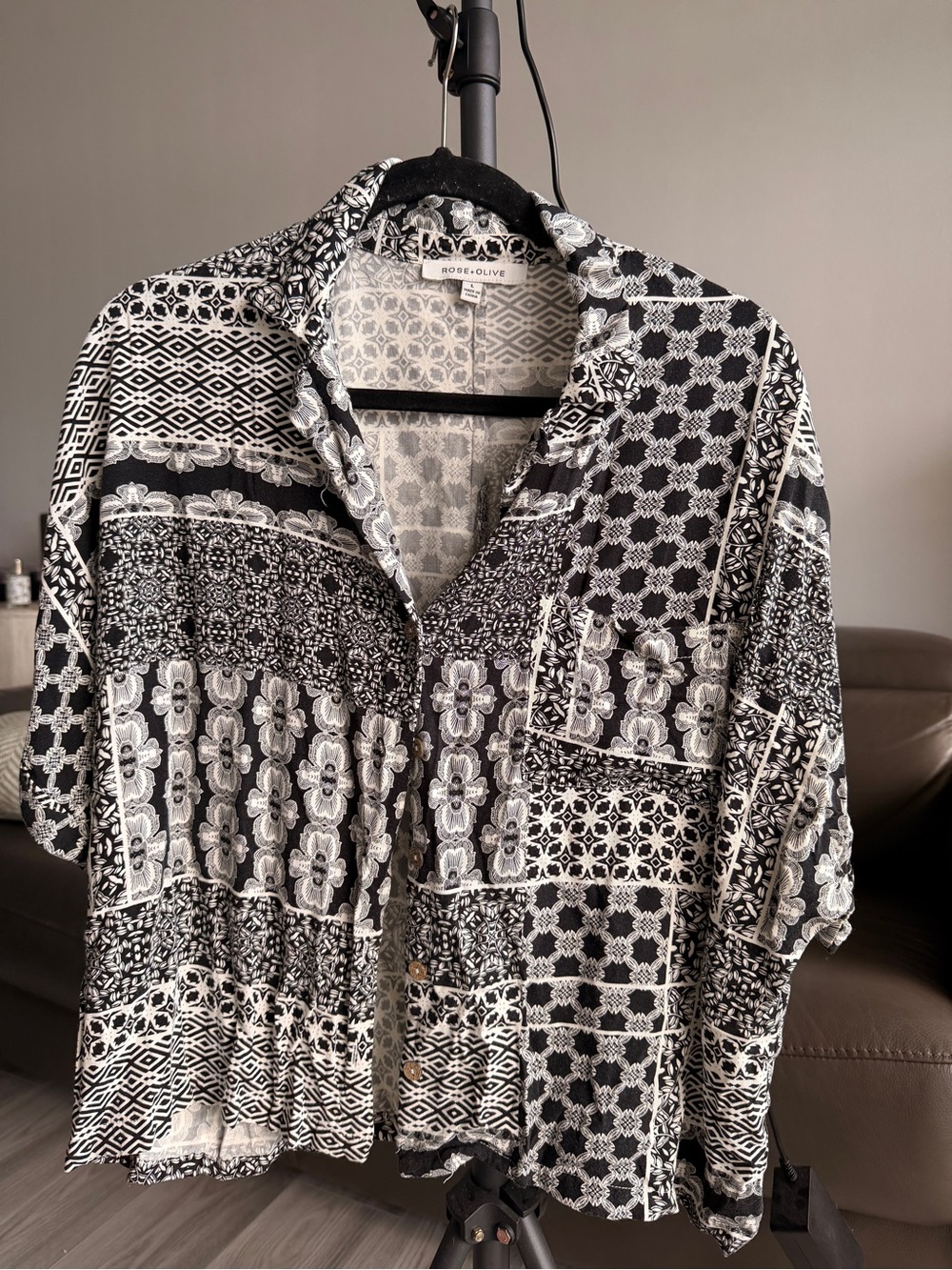 Rose & Olive Black & White Patchwork Button-Down Shirt
